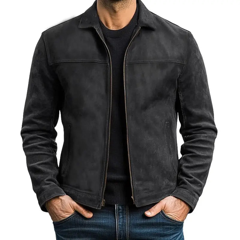 Army green men's zip-up long sleeve biker jacket. Modern fitted outerwear for casual fashion.