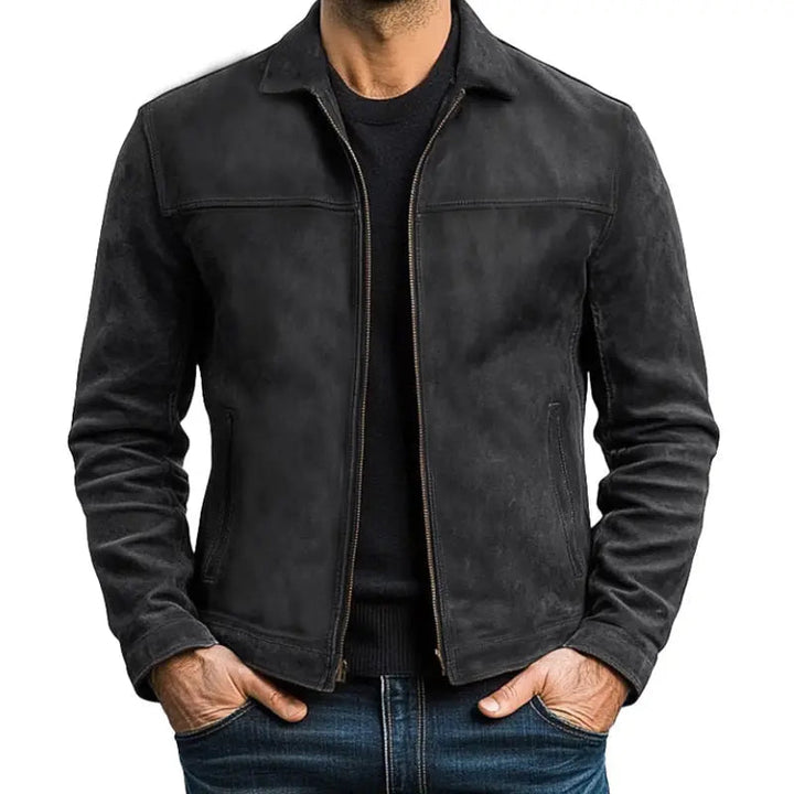Army green men's zip-up long sleeve biker jacket. Modern fitted outerwear for casual fashion.