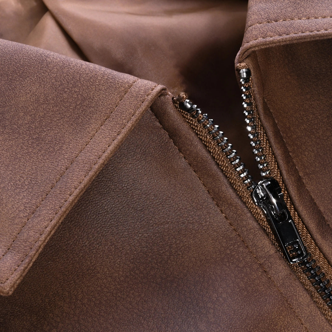 Stylish men's fashion jacket in biker style. Zip-up, long sleeve, available in black, brown, army green.