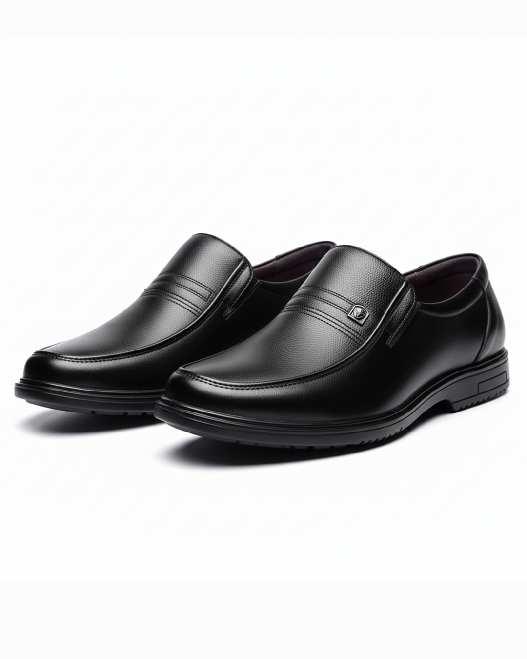 Black men's classic slip-on dress shoes for formal, professional, and office wear. Elegant & comfortable men's footwear.