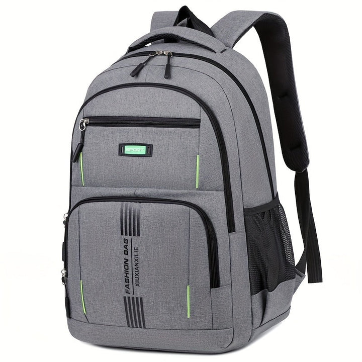 Sleek front view of a stylish black men's travel backpack, perfect for modern everyday carry.