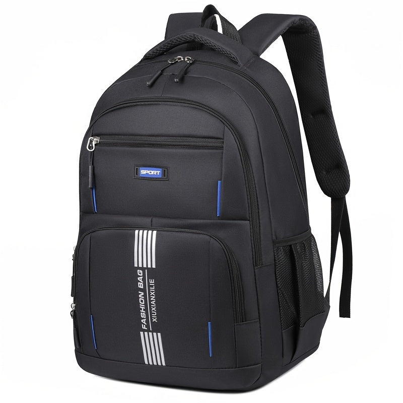 Side view of a gray men's travel backpack with water bottle pocket, practical everyday carry.