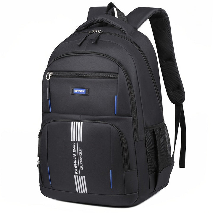 Side view of a gray men's travel backpack with water bottle pocket, practical everyday carry.