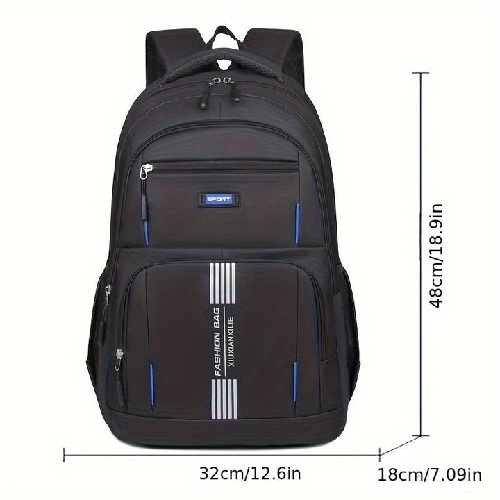 Front pocket detail on a blue men's large capacity travel backpack for quick access items.