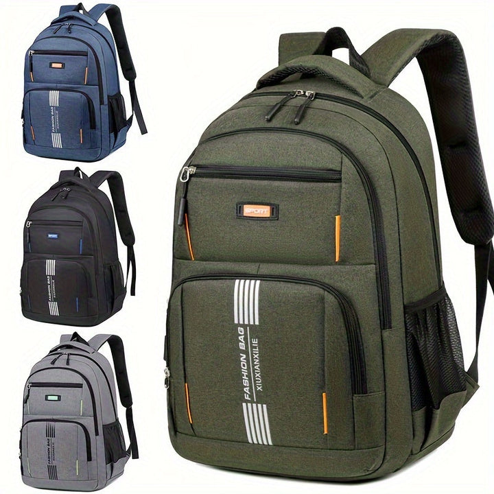 High-quality zippers on a green men's travel backpack, ensuring secure and organized storage.
