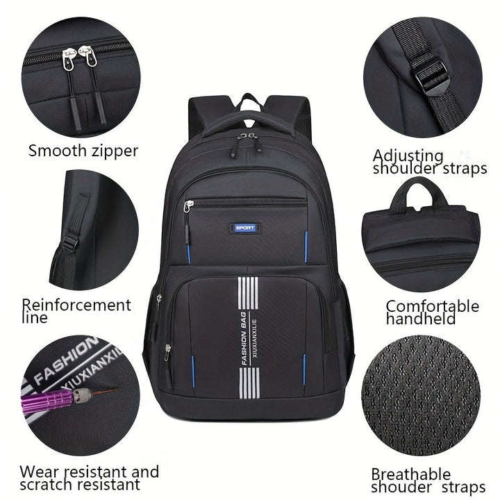 Spacious interior of a large capacity men's travel backpack, showing multiple organized compartments.