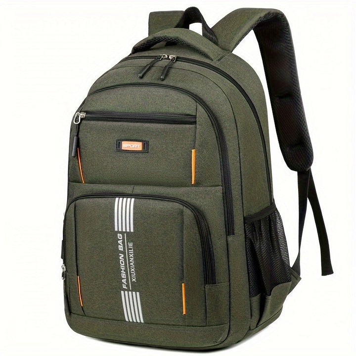 Close-up of durable fabric on a black men's travel backpack, highlighting quality and strength.