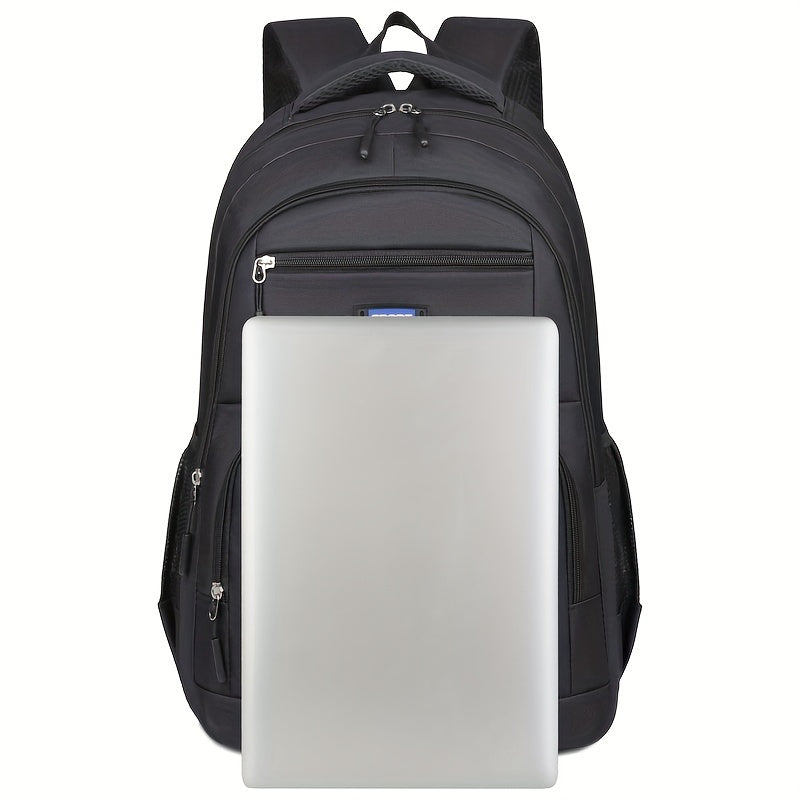 Ergonomic back panel and padded straps of a men's travel backpack, designed for comfort.
