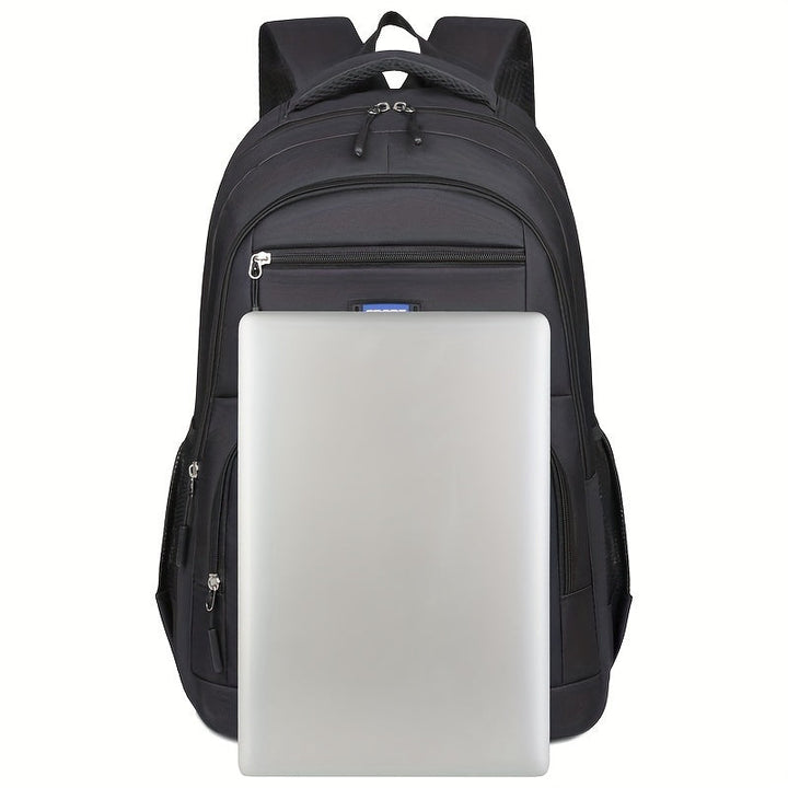 Ergonomic back panel and padded straps of a men's travel backpack, designed for comfort.