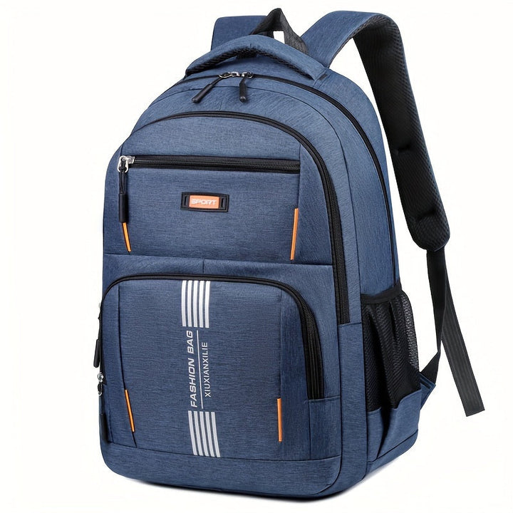 Hidden security pocket on a men's large capacity travel backpack for valuables, ensuring safety.