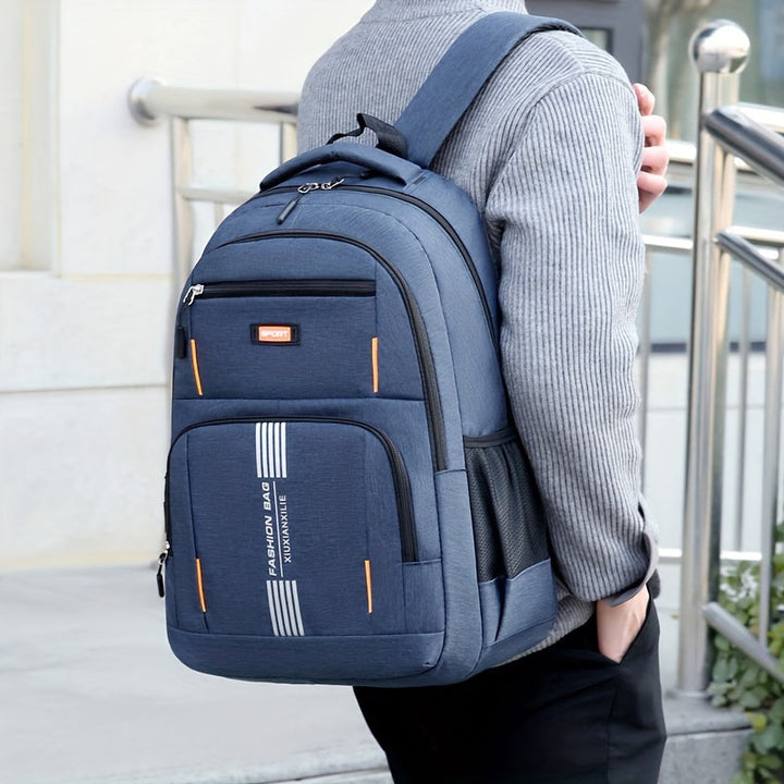 Fully packed large capacity men's travel backpack, demonstrating ample space for essentials.