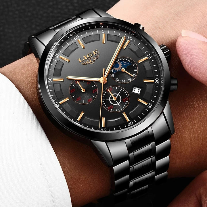 Black men's robust military steel watch, durable and rugged, a perfect fashion accessory and reliable timepiece.