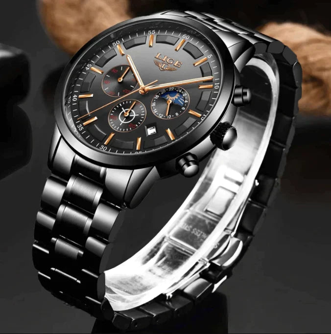 Rugged black military steel watch for men, durable and robust, ideal for active lifestyles & fashion-forward look.
