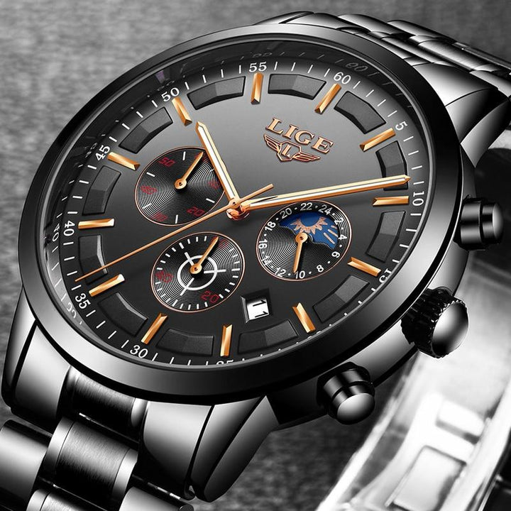 Stylish men's black military watch, robust steel construction, durable and fashionable timepiece, essential accessory.