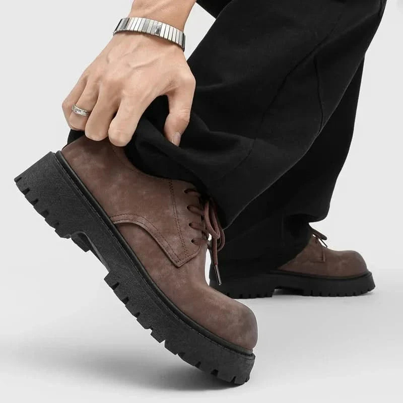 Stylish men's black derby footwear, featuring a durable thick sole for comfort and versatility.
