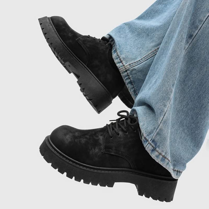 Men's stylish black dress derby shoes. Comfortable thick sole for everyday wear and a modern look.