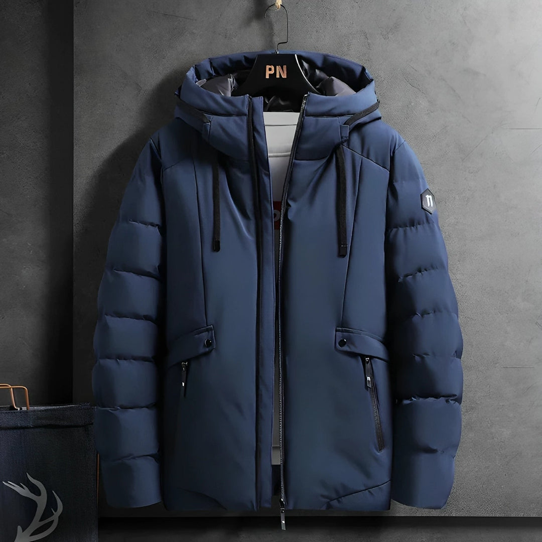 Grey men's fleece-lined winter parka jacket, waterproof & comfortable for ultimate warmth in cold conditions.