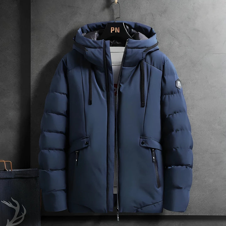 Grey men's fleece-lined winter parka jacket, waterproof & comfortable for ultimate warmth in cold conditions.