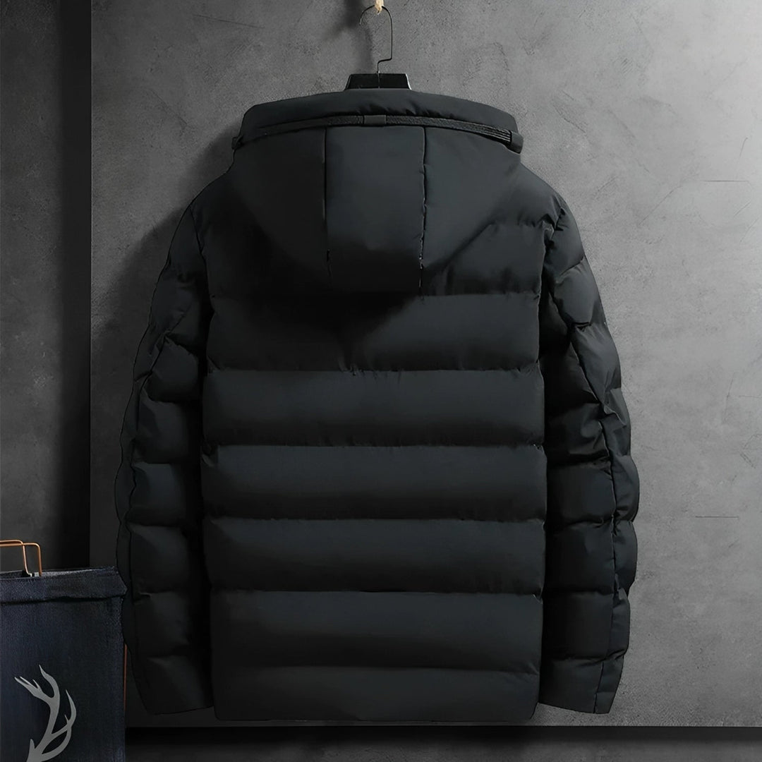 Stylish men's waterproof winter parka, warm & comfortable for cold weather, available in black, blue, grey.