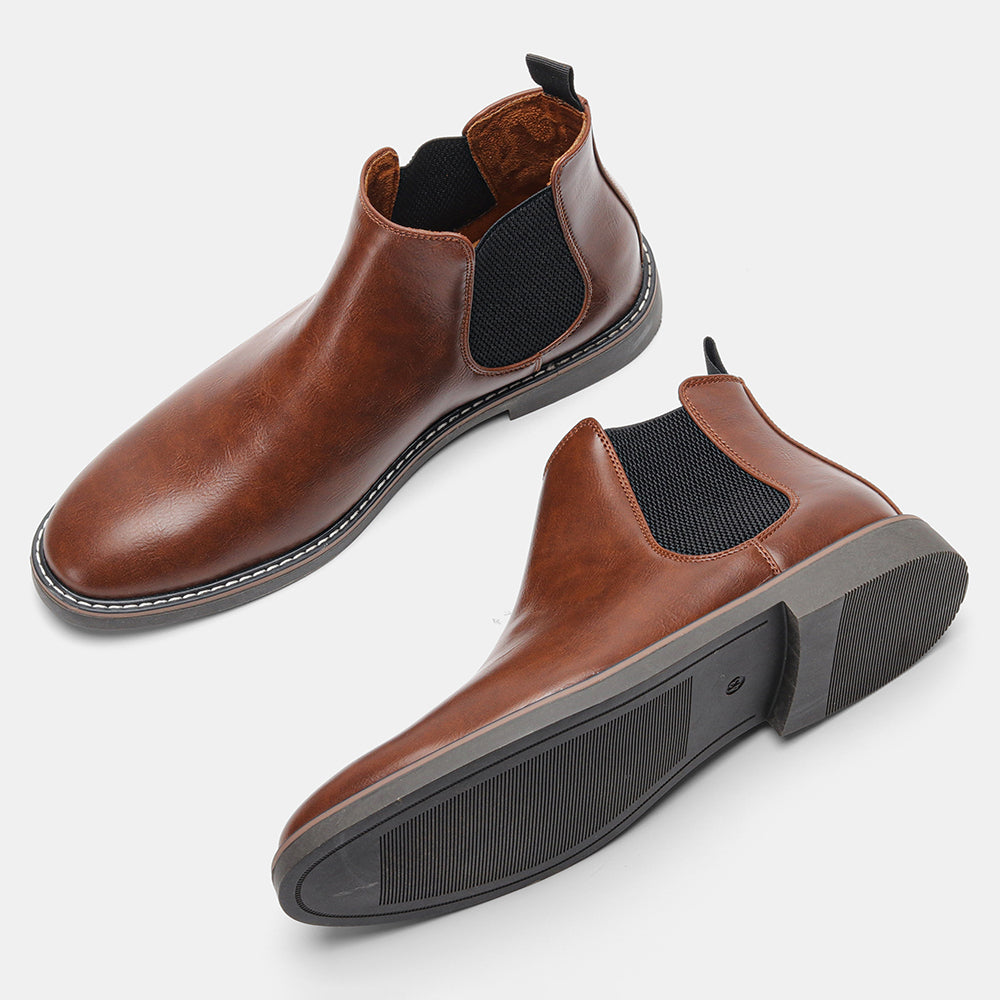 Side view of mocha Men's Wyndham Chelsea Boots, highlighting classic ankle boot style.