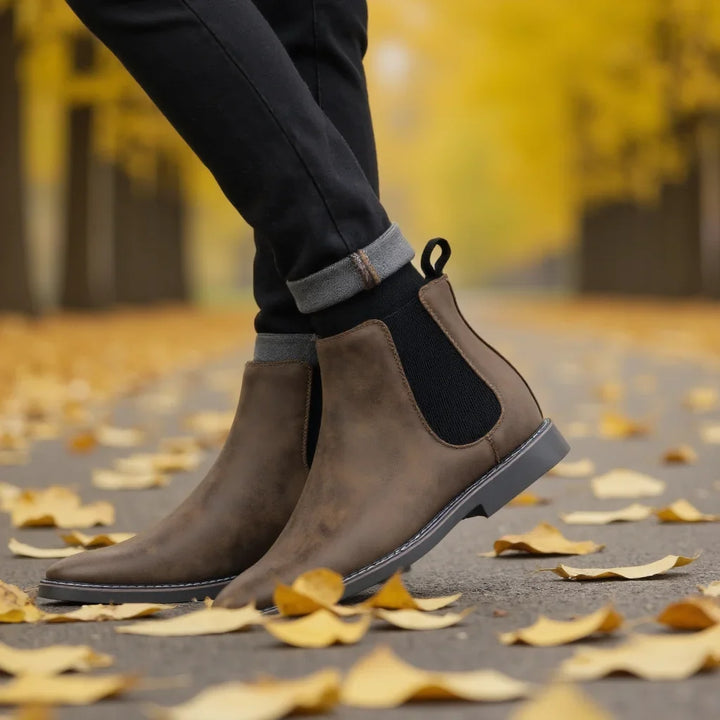 Stylish mocha Men's Wyndham Chelsea Boots, comfortable & sleek slip-on ankle boots for men.