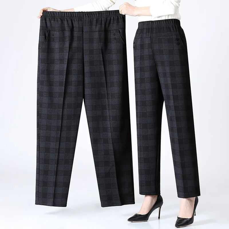 Black plus size women's fleece lined trousers, high rise, comfortable warm pants for winter everyday wear.