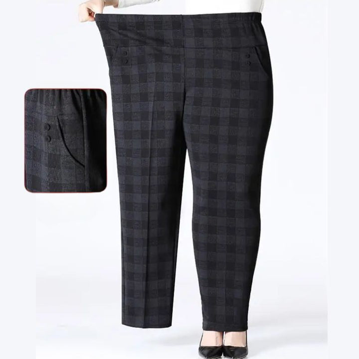 Women's plus size fleece lined trousers with lattice pattern, comfortable high rise warm pants for winter.
