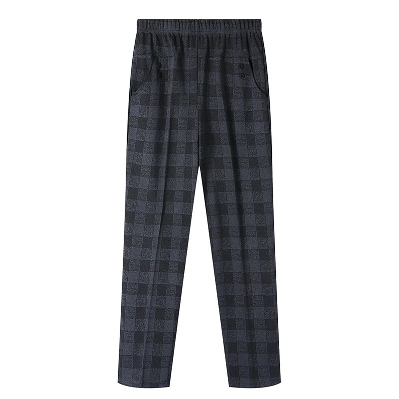 Warm plus size women's fleece lined stripe trousers, comfortable high rise pants for winter everyday wear.
