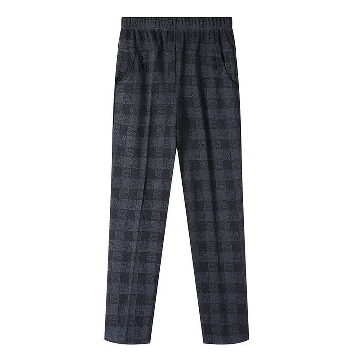 Warm plus size women's fleece lined stripe trousers, comfortable high rise pants for winter everyday wear.