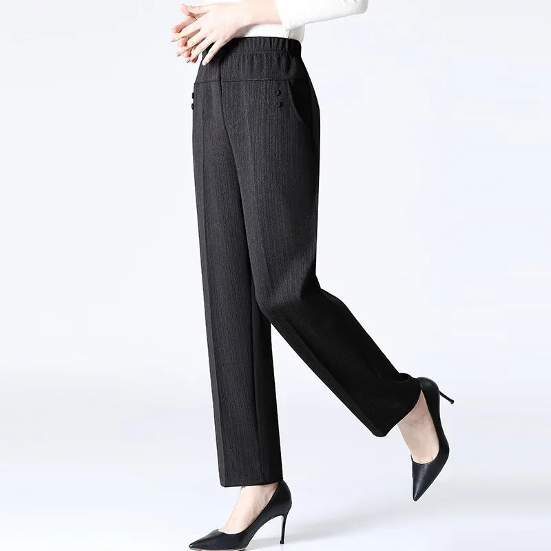 Striped plus size women's fleece lined trousers, high rise warm pants for cozy winter everyday comfort.