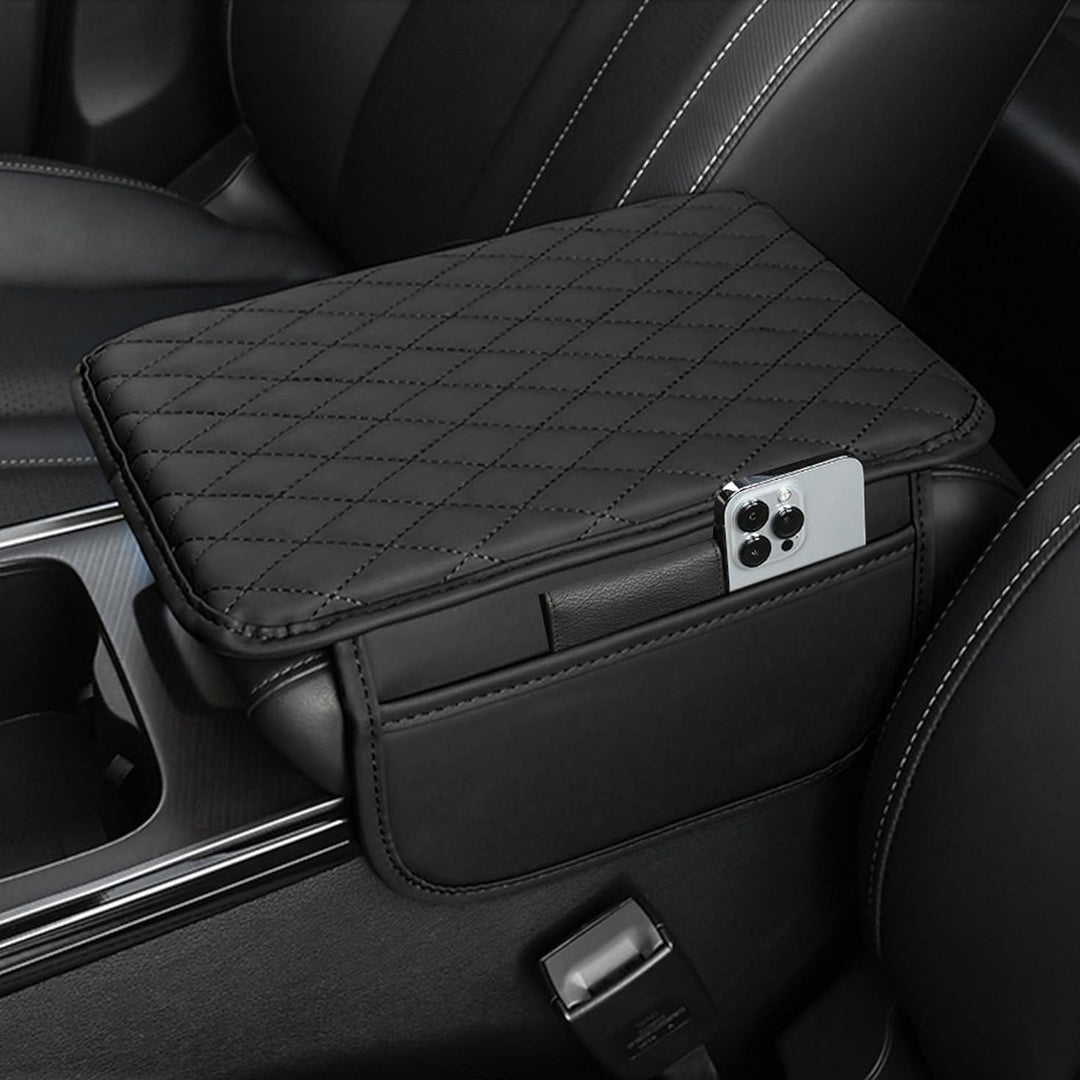 Black PU leather universal car armrest pad console cover for comfort driving and vehicle protection.