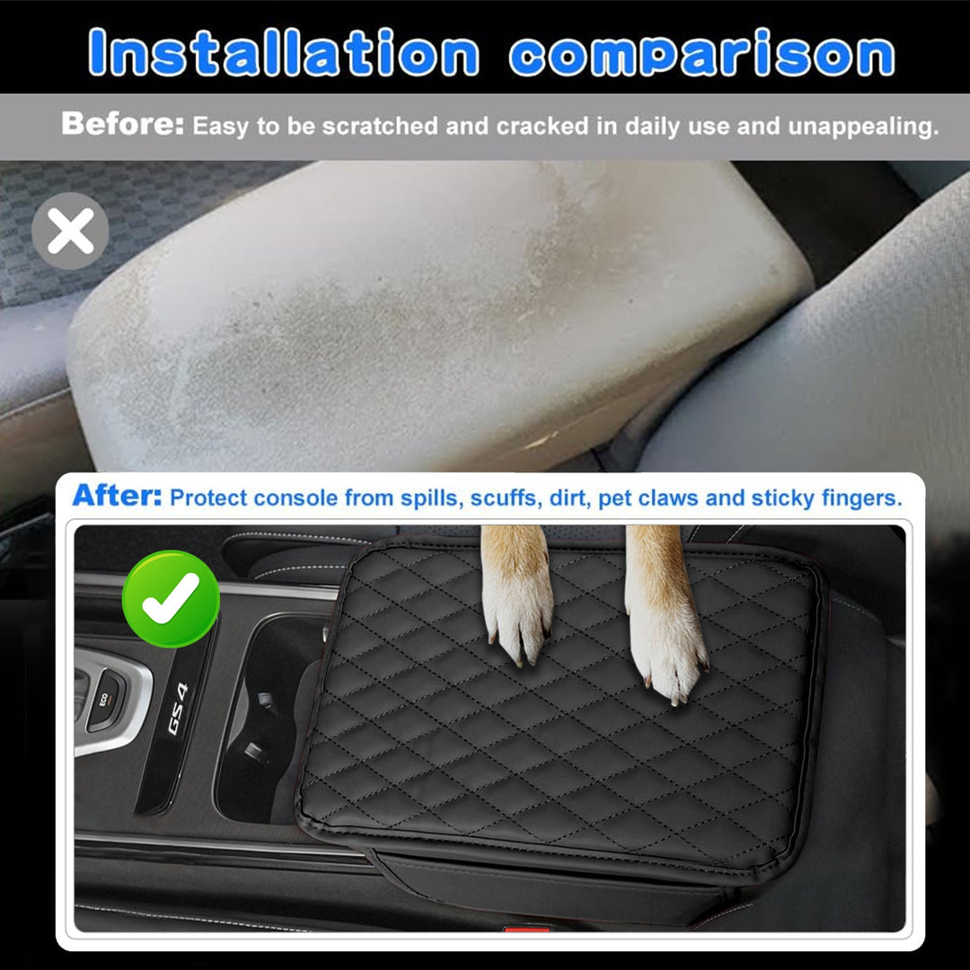 Universal fit car armrest pad console cover in black PU leather, enhancing car interior comfort.
