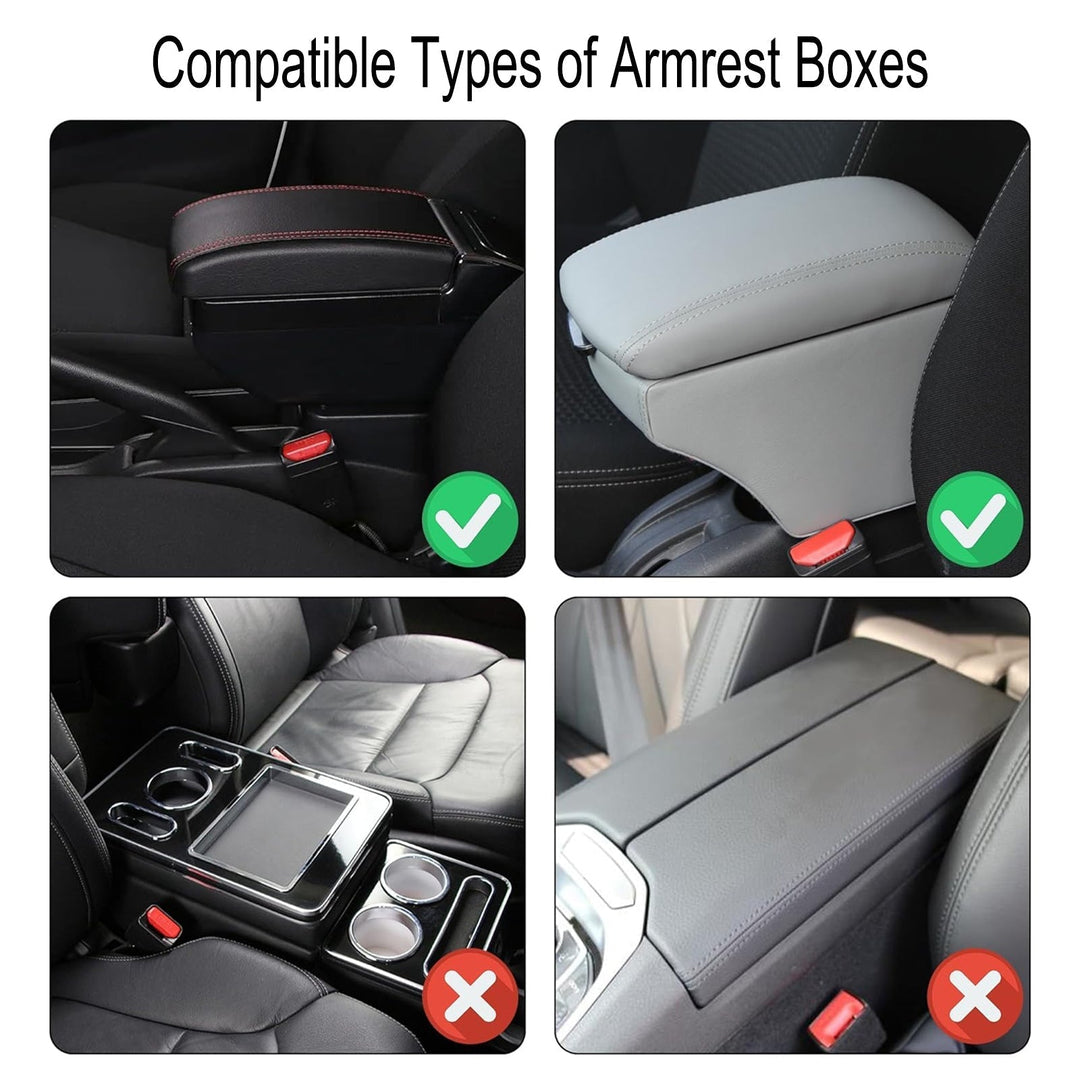 Premium black PU leather auto accessory, a universal car armrest console cover for vehicle protection.