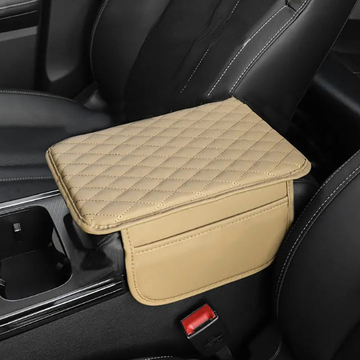 Comfort driving with a universal car armrest pad, black PU leather console cover and storage.