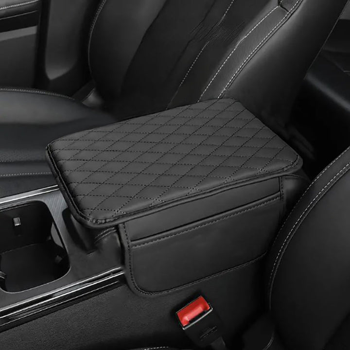 Durable black PU leather universal car armrest console cover, an essential auto accessory.