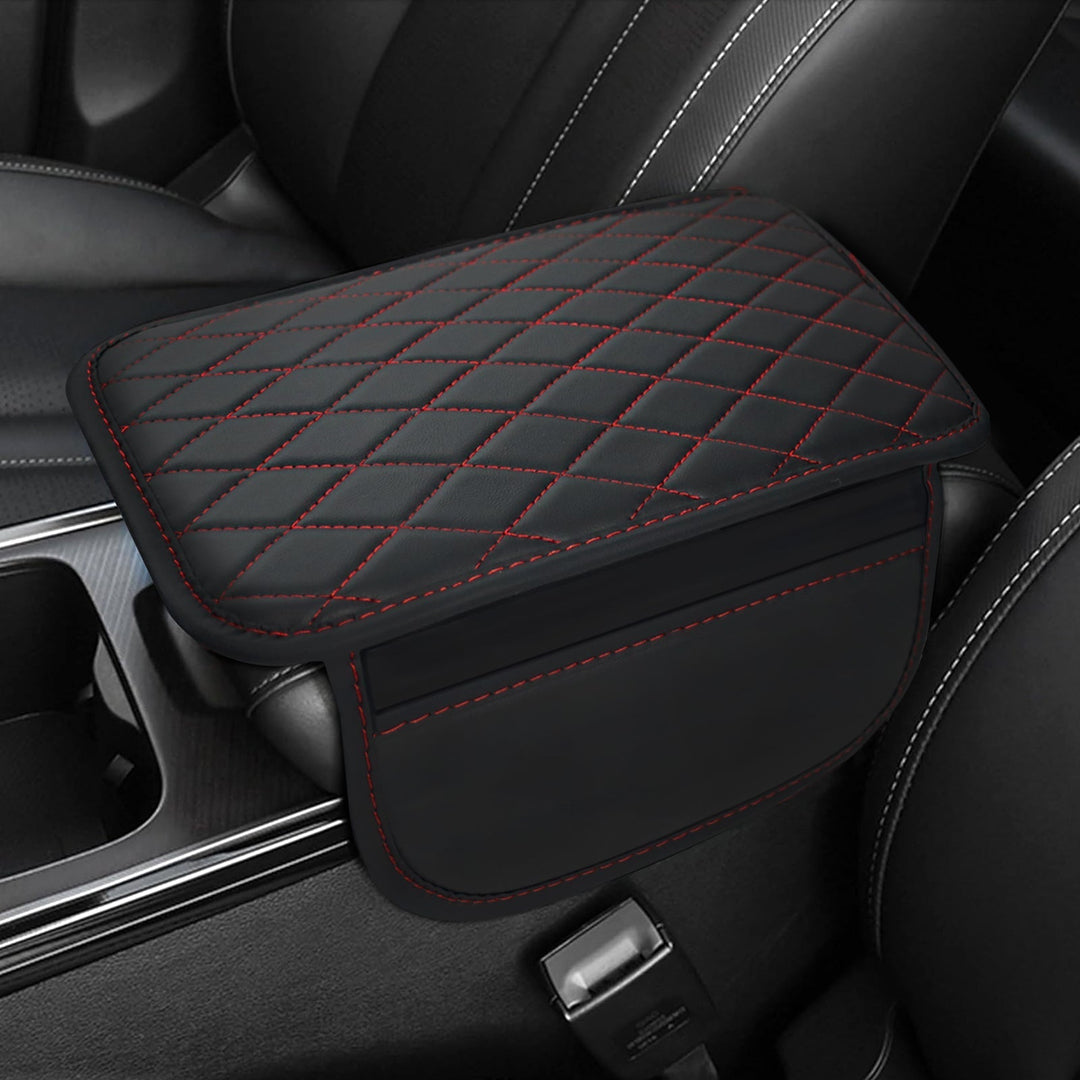 Upgrade car interior with this universal fit black PU leather armrest pad console cover.