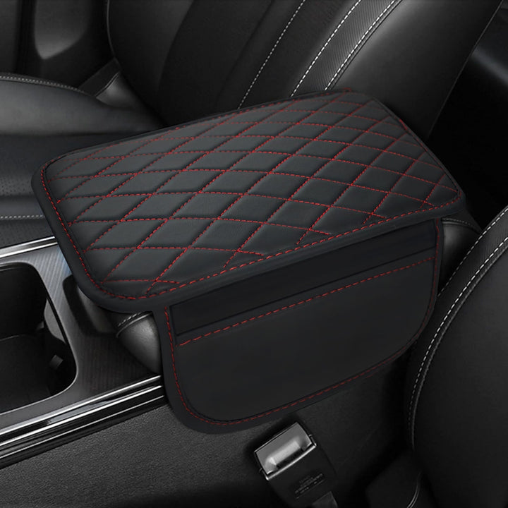 Upgrade car interior with this universal fit black PU leather armrest pad console cover.