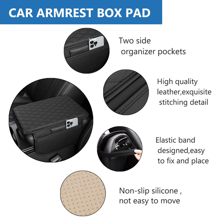 Vehicle protection and comfort with a universal black PU leather car armrest console cover.