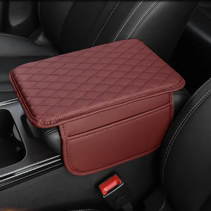 Universal car armrest pad console cover in black PU leather, perfect for auto accessory and storage.