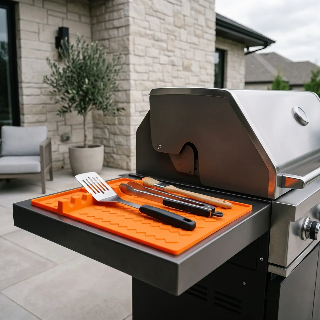 Black silicone kitchen grill utensil rest mat & drip tray for BBQ tools, cooking, and organization.