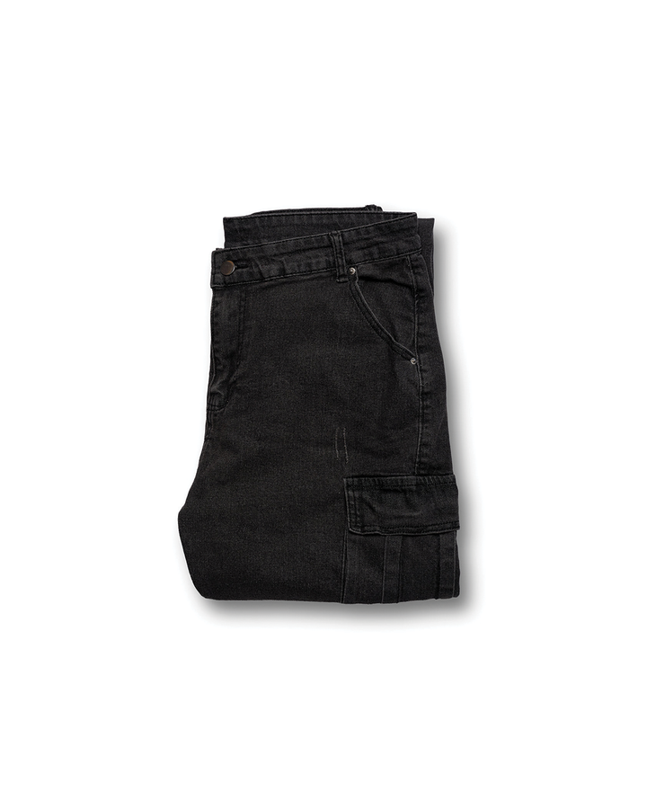 Black slim-fit men's cargo pants with multi-pockets, stretch fabric for comfortable modern casual wear.