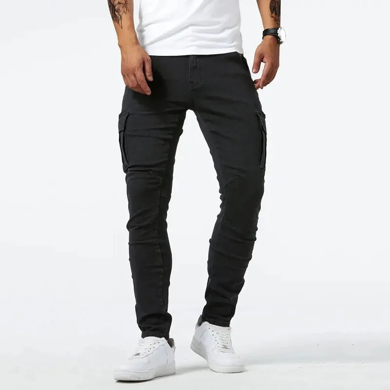 Black men's slim-fit stretch cargo pants, multi-pocket, combining modern style, utility, and comfort.