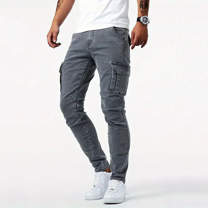 Stylish blue men's cargo pants, slim fit, stretch fabric for comfort and casual everyday fashion.