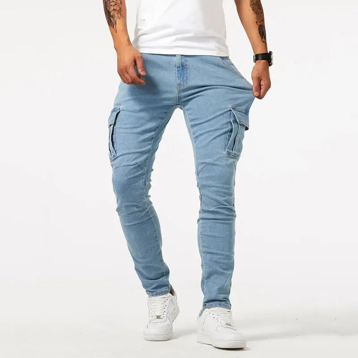 Comfortable gray men's slim-fit cargo pants, stretch material, perfect for active casual and everyday wear.