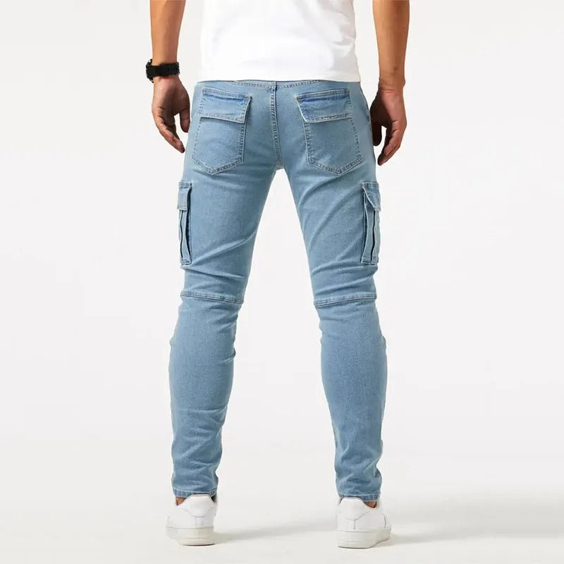 Blue slim-fit utility cargo pants for men, modern design, practical pockets & durable comfortable fabric.