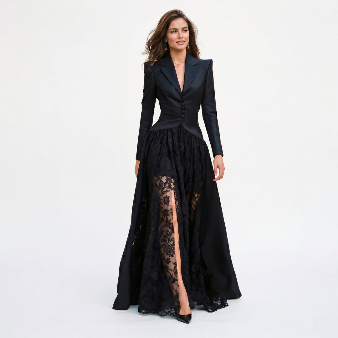 Black tailored blazer gown evening set for women, perfect for gala, red carpet, or formal occasions.