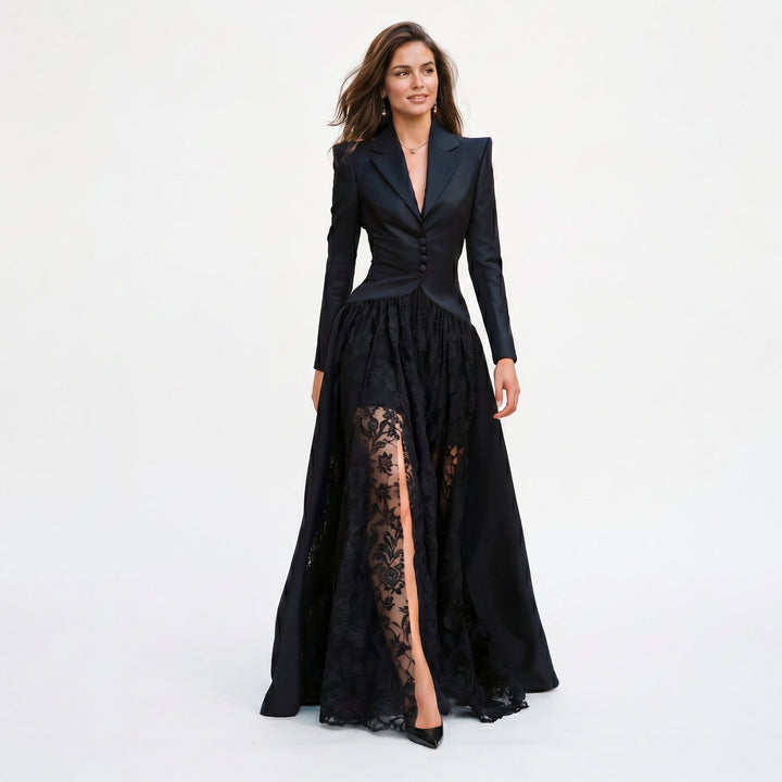 Black tailored blazer gown evening set for women, perfect for gala, red carpet, or formal occasions.