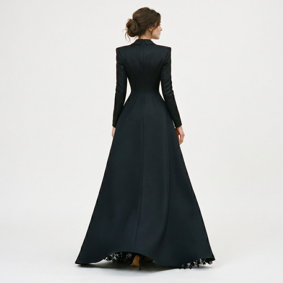 Elegant three-piece women's evening gown set featuring a sophisticated tailored blazer and thigh-slit dress.