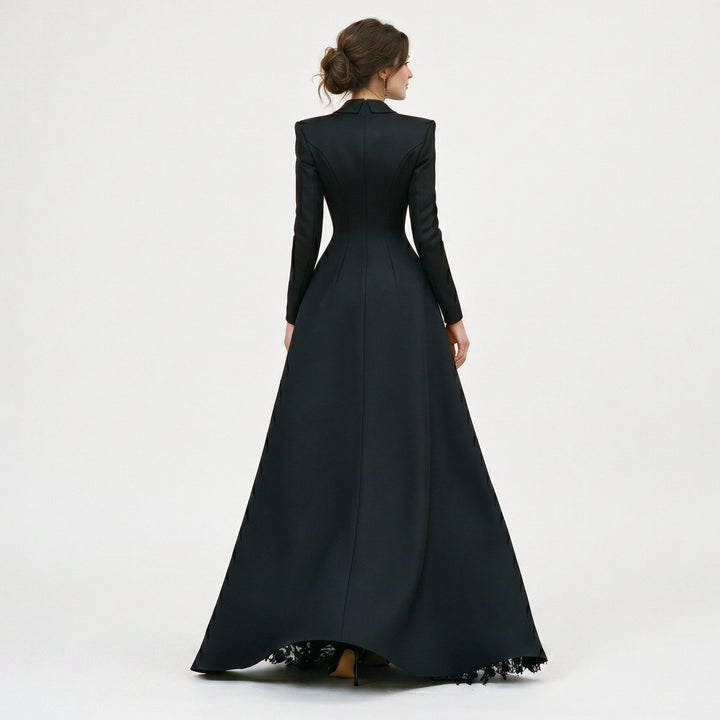 Elegant three-piece women's evening gown set featuring a sophisticated tailored blazer and thigh-slit dress.