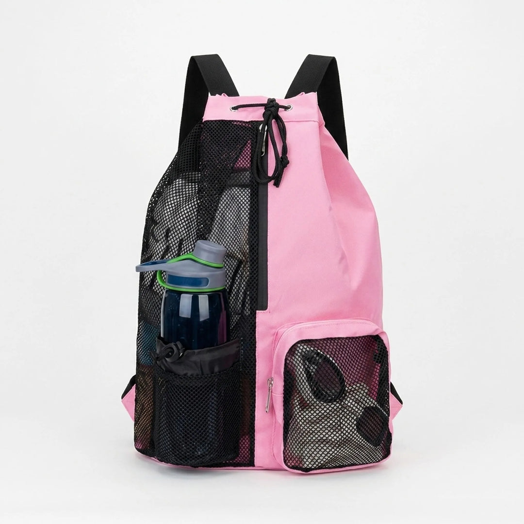 Nylon drawstring gym bag with ventilated wet/dry compartment, ideal for sports gear.